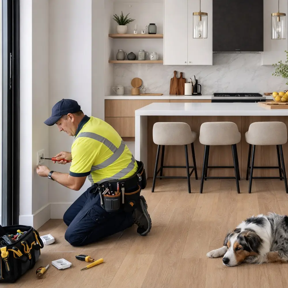 Électricien installant une prise murale dans une cuisine moderne rénovée avec Coverstyl à Lille et Lens, calais, dunkerque, boulogne, arras, douai , noyelles godault et valencienne